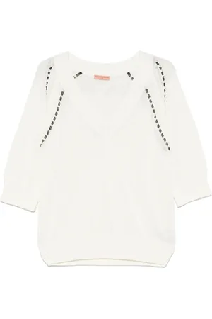 ERMANNO SCERVINO Strik, Dame, Hvid, S, Bomuld, Hvid V-hals sweater med broderet logo