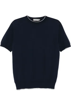 CANALI Top, Herre, Blå, 3XL, Marine Stribet Finstrik T-shirt