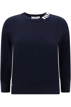 Thom Browne Strik, Dame, Blå, S, Bomuld, Ribbet Crew Neck Sweater med Kontrastbånd