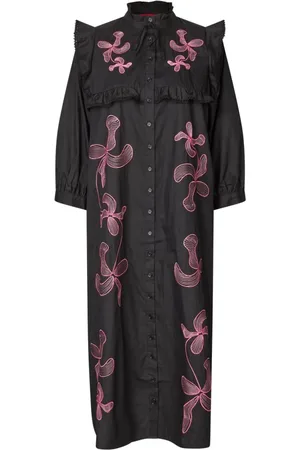 Crās Kjole, Dame, Sort, XL, Bomuld, Blomstret Midi Kjole med Rynke Detaljer
