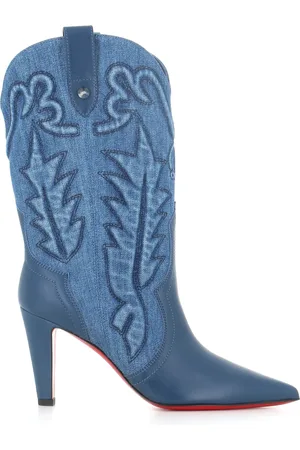 Christian Louboutin Sko, Dame, Blå, 37 1/2 EU, Denim, Blå Denim Broderede Cuban Heel Støvler
