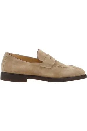 Brunello Cucinelli Sko, Herre, , 45 EU, Læder, Suede Kalveskind Loafers med Læder Blokhæl