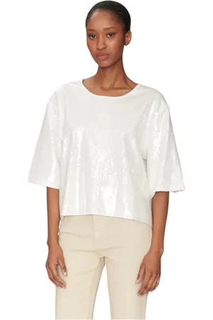 MARELLA Bluser & Skjorter, Dame, Hvid, M, Bomuld, Stribet Paillet Boxy T-shirt