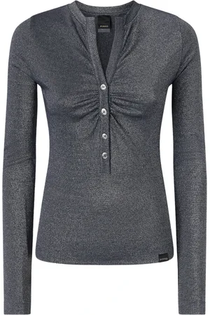 Pinko Strik, Dame, Blå, S, Metallic Ribbed Langærmet Henley Sweater