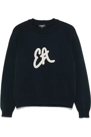 Emporio Armani Strik, Dame, Blå, XS, Blå Sweater med Broderet Logo
