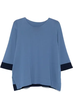 LE TRICOT PERUGIA Top, Dame, Blå, XL, Blå Kontrast-Trim Top med Rund Hals