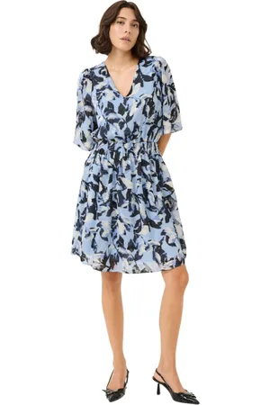 Kaffe Kjole, Dame, Flerfarvet, L, Uld, Blå Blomster Print Kjole med V-Hals