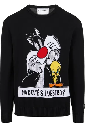 Iceberg Strik, Herre, Sort, M, Bomuld, Bomuld rund hals sort sweater med tegneserie og jacquard indlæg