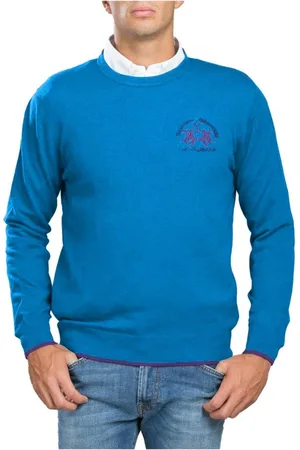 La Martina Strik, Herre, Blå, S, Bomuld, Blå Akryl Sweater med Logo Broderi