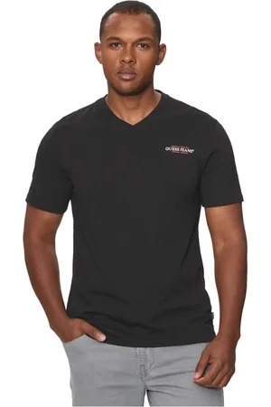 Guess Top, Herre, Sort, M, Bomuld, Sort V-hals bomuldst-shirt med trykt logo