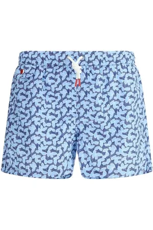 Kiton Badetøj, Herre, Blå, L, Uld, Swimshorts med logo og blade mønster