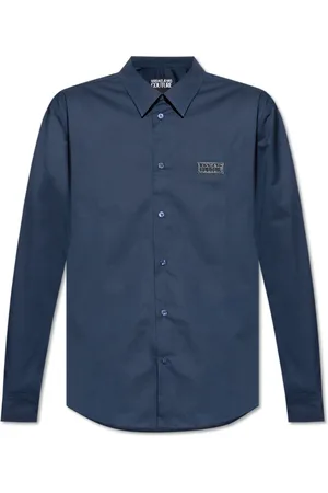 VERSACE Skjorte, Herre, Blå, M, Bomuld, Skjorte med logoapplikation
