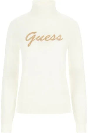 Guess Strik, Dame, Hvid, S, Uld, Halsrund Trøje med Broderet Logo