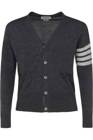 Thom Browne Strik, Herre, Grå, 2XL, Uld, Stribede Manchetter Uld Cardigan