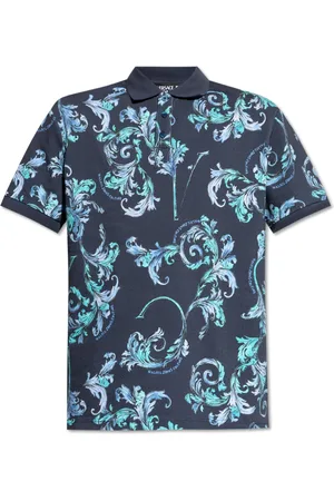 VERSACE Top, Herre, Blå, XL, Bomuld, Polo med Barocco print