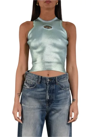 Diesel Top, Dame, Grøn, L, Metallic ribbed top med Oval D metalplade