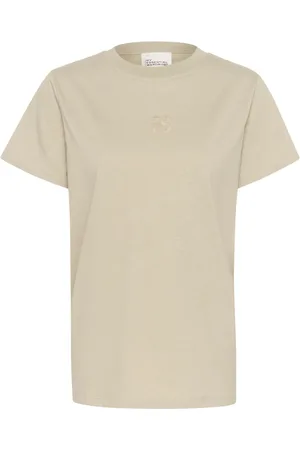 My Essential Wardrobe Top, Dame, Grøn, XL, Bomuld, Logo Broderet Tee Top i Sandy