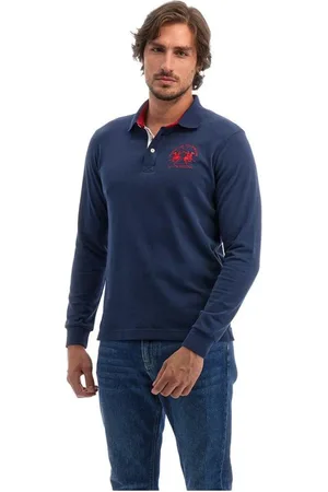 La Martina Top, Herre, Blå, 3XL, Langærmet blå polo med rød logo