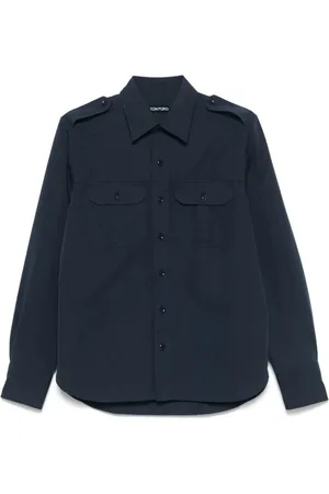 Tom Ford Skjorte, Herre, Blå, M, Militær Marine Skjorte Lomme Detalje