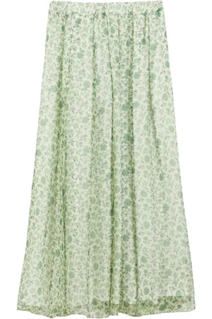 Max Mara Nederdel, Dame, Grøn, 2XS, Organza, Silketrykt Lang Flæsekjørt
