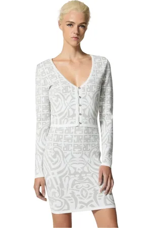 John Richmond Kjole, Dame, Hvid, 2XS, Nylon, Hvid kjole med grafisk print og knapper