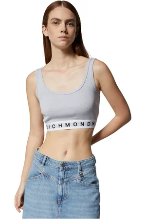 John Richmond Top, Dame, Grå, S, Bomuld, Kort grå top med elastikbånd og logo X