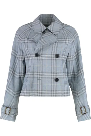 Burberry Jakke, Dame, Blå, 2XS, Tjek Motiv Trench Coat med Revers