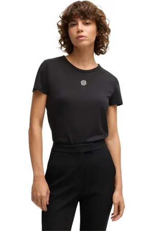 HUGO BOSS Top, Dame, Sort, S, Bomuld, Krystal Logo Broderet T-shirt
