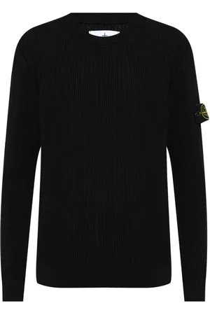 Stone Island Strik, Herre, Sort, 2XL, Uld, Uld Crewneck Sweater med Horisontal Stribe