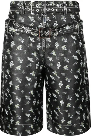 Ganni Shorts, Dame, Sort, W34, Uld, Blomsterprint Bermuda Shorts med Dobbelt Bælte