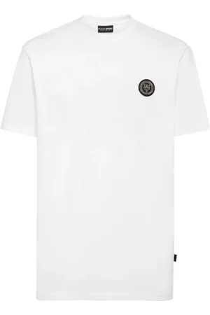 Philipp Plein Top, Herre, Hvid, 2XL, Bomuld, Herre Bomuld T-shirt med Plastik Plakette