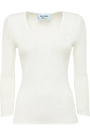 Blugirl Strik, Dame, Hvid, S, Polyester, Blomstret V-hals Sweater