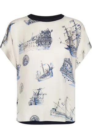 Elena Miro Top, Dame, Flerfarvet, L, T-shirt med sejlbådstryk i viskosejersey