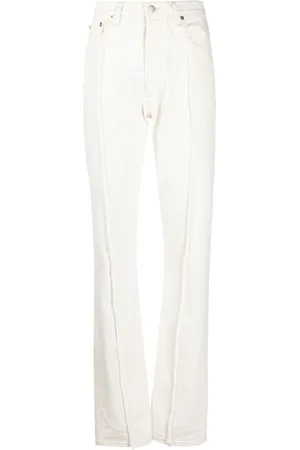 Maison Margiela Jeans, Dame, Hvid, 3XS, Bomuld, Ivory Frayed Cotton Straight-Leg Jeans