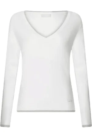 Liu Jo Strik, Dame, Hvid, XS, V-hals sweater med Lurex detaljer