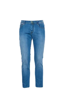 Jacob Cohen Jeans, Herre, Blå, W34, Læder, Slim-fit Denim Jeans med Grønt Læder