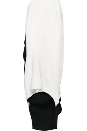 Issey Miyake Nederdel, Dame, Hvid, 2XS, Polyester, Ribbet Midi Nederdel, Farveblok Design
