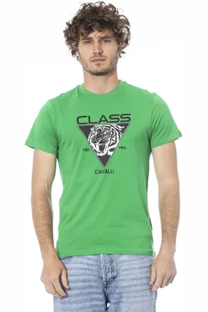 Roberto Cavalli Top, Herre, Grøn, L, Logo Print Kortærmet T-shirt