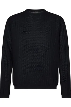 Emporio Armani Strik, Herre, Blå, XL, Uld, Blå Bølge Mønster Crewneck Sweater