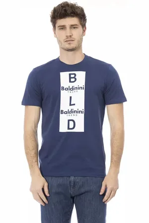 BALDININI Top, Herre, Blå, XS, Bomuld, Trend Blå Bomuld T-Shirt, Kortærmet med Frontprint