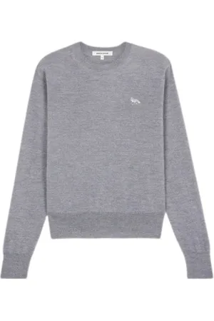 Maison Kitsuné Strik, Dame, Grå, L, Uld, Baby Fox Patch Merino Uldtrøje