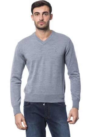 BILLIONAIRE Strik, Herre, Grå, 3XL, Uld, Broderet Merinould V-hals Sweater