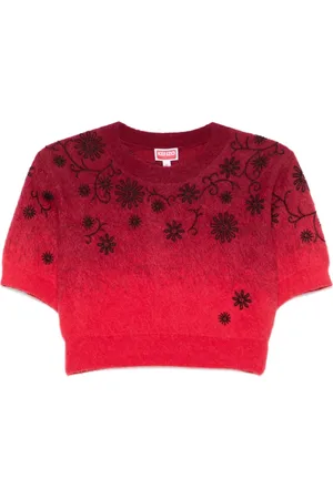 Kenzo Top, Dame, Rød, XS, Uld, Crimson Strikket Top med Perlebroderi