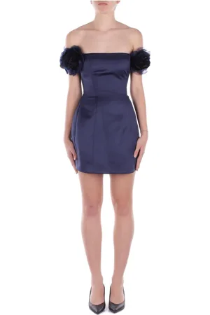 Elisabetta Franchi Kjole, Dame, Blå, L, Polyester, Blå Ornamentet Lynlås Kjole