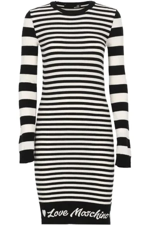 Moschino Kjole, Dame, Sort, XS, Uld, Stribet Logo Strik Kjole