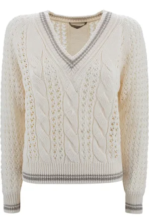 D.EXTERIOR Strik, Dame, , XS, Bomuld, Ivory Cablestrik V-hals Sweater med Lurex