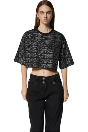 John Richmond Top, Dame, Sort, XS, Bomuld, T-shirt cropped sort med all-over logo