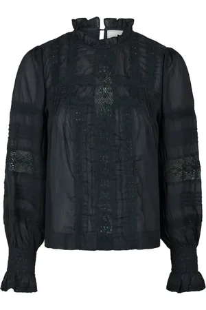 Neo Noir Bluser & Skjorter, Dame, Blå, S, Bomuld, Navy Voile Bluse med Blondepaneler