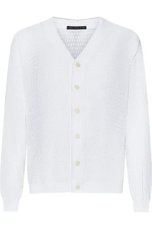 LOW BRAND Strik, Herre, Hvid, 2XL, Bomuld, Hvid V-hals Sweater med knapper