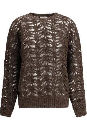 Brunello Cucinelli Strik, Dame, Brun, L, Perforeret Sweater med Palietter